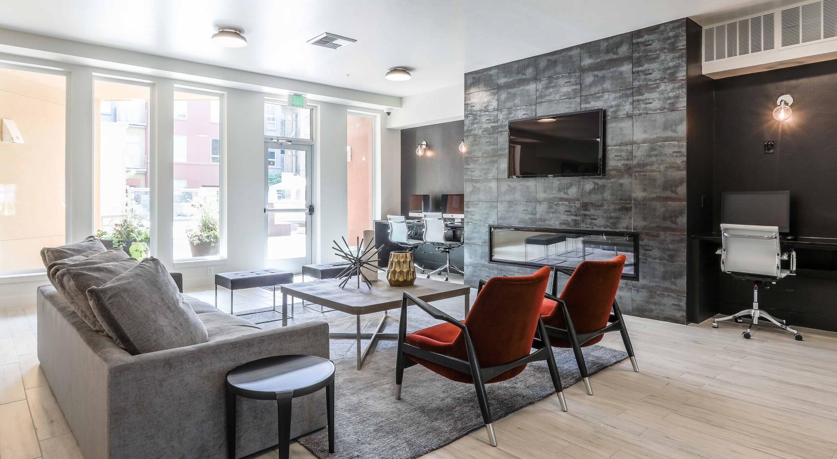 Enjoy our resident-only features a living room with a fireplace